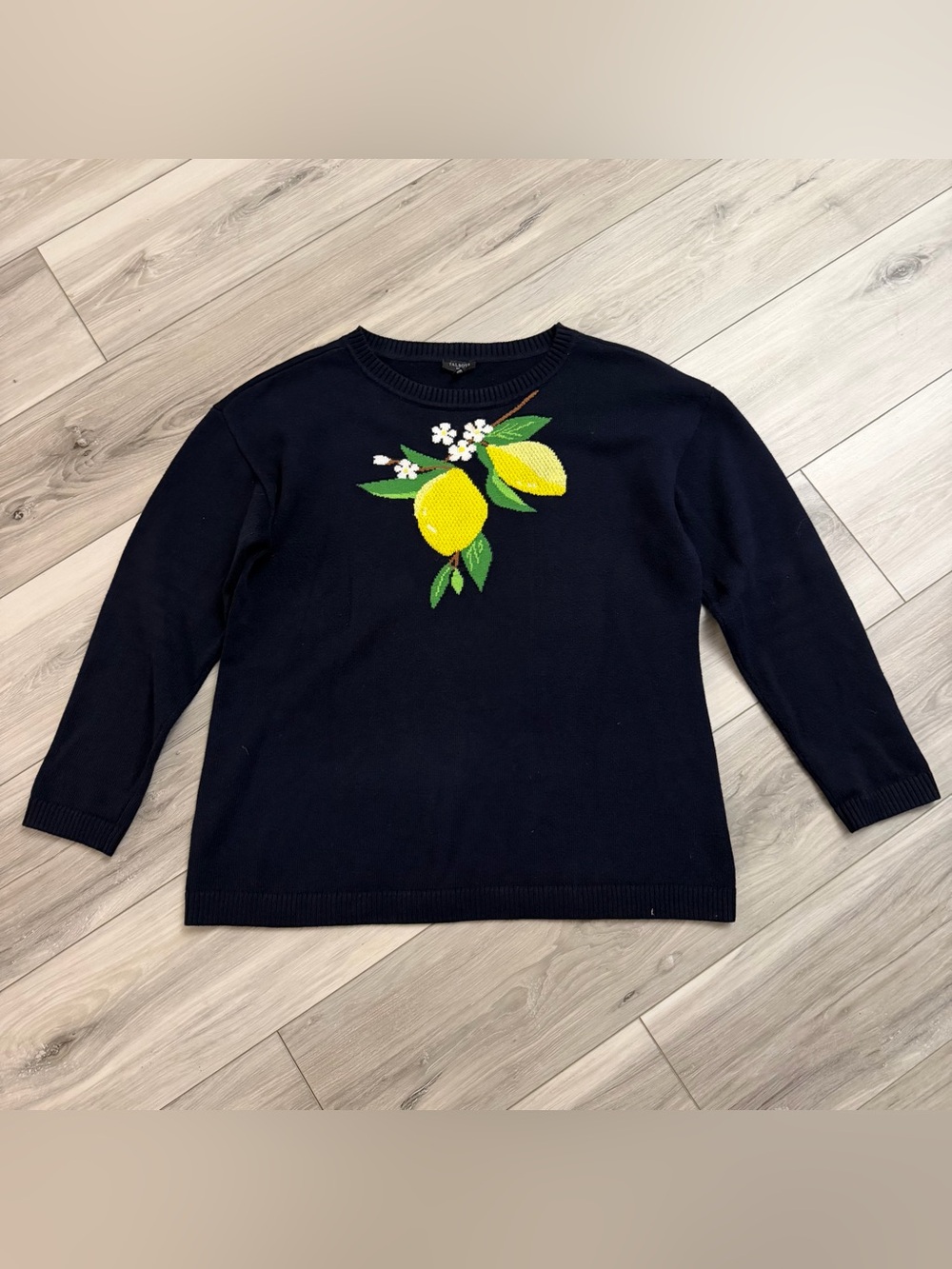 Talbots Fresh Lemons Intarsia Sweater Navy Blue Cotton Blend Size L Petite LP